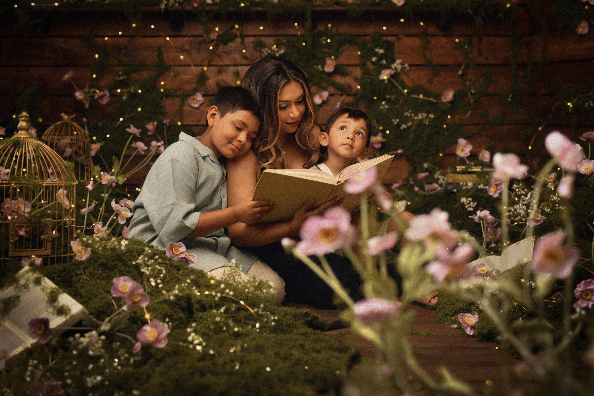 Family portrait in a dark floral storytelling set
